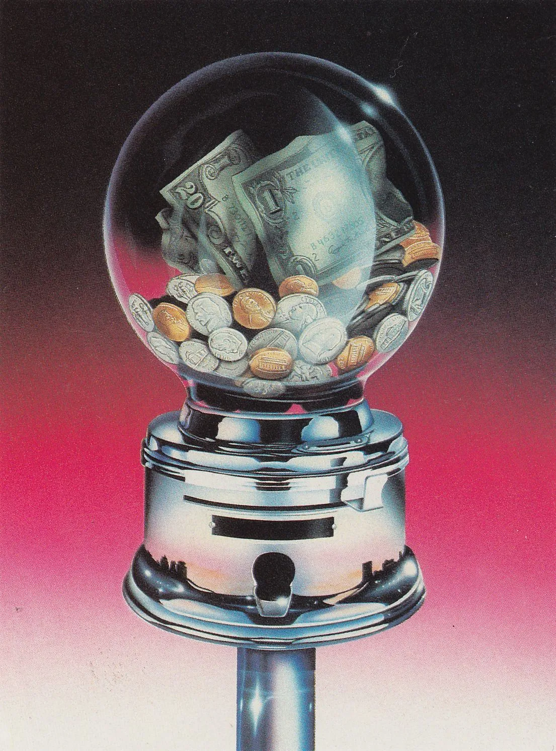 Airbrush illustration of a chrome gumball machine whose glass globe is full of dollar bills and coins